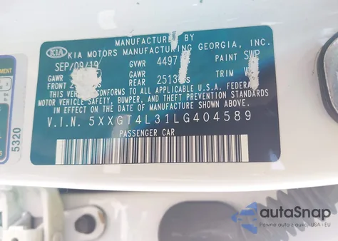 2020 Kia Optima S z USA, uszkodzony, nr VIN 5XXGT4L31LG404589